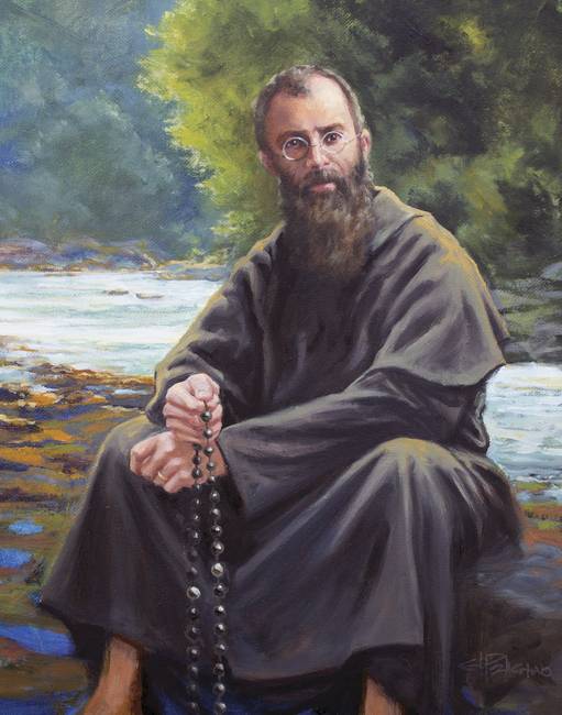 St Maximillian Kolbe holding a rosary in his hand as he sits besides a river of water.